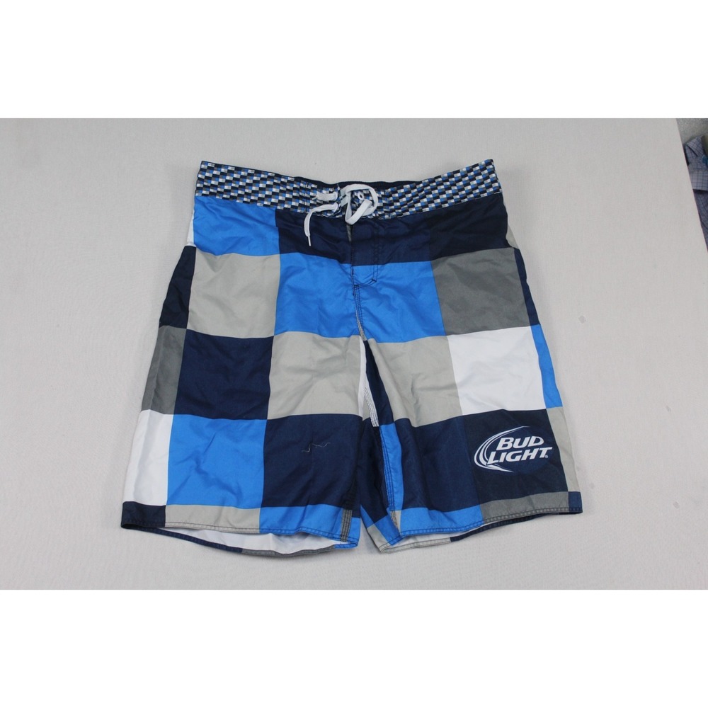 Bud Light Men Blue Board Shorts Plaid Draw Strings Casual Size 44-46
